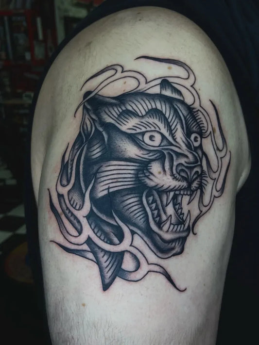 Medium Blackwork Panther Tattoo on Men Shoulder by @ryansflashstash