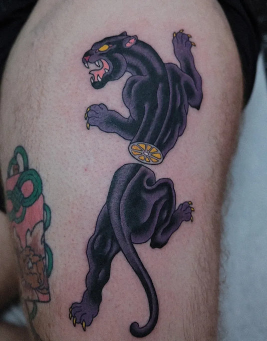 Medium Blackwork Panther Tattoo on Men Thigh by @brinditattoo