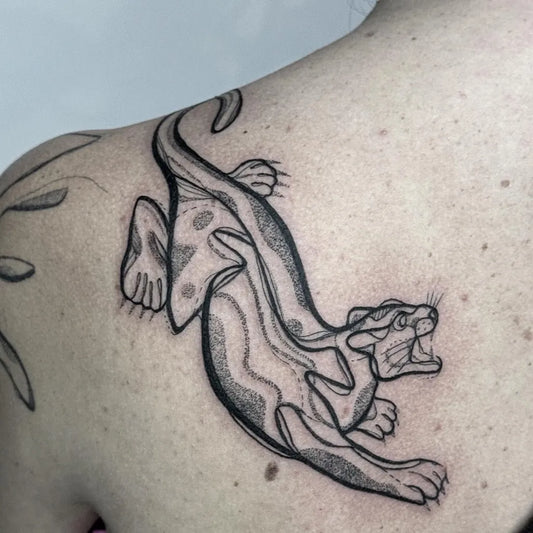 Medium Blackwork Panther Tattoo on Women Shoulder by @jodiemaetattoos