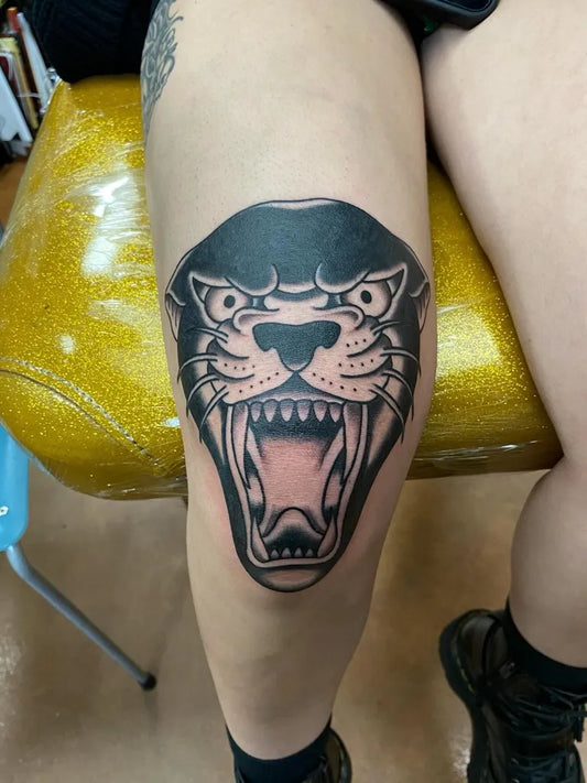 Medium Blackwork Panther Tattoo on Women Thigh by @evjtattoos