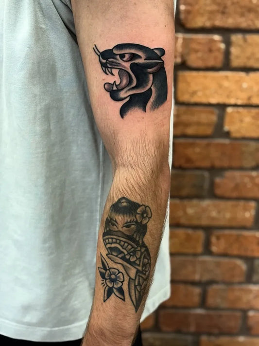 Medium Blackwork Panther and Geisha Tattoo on Men Arm by @aaroncaldow