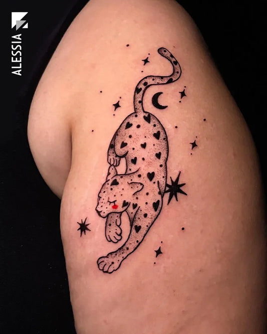 Medium Blackwork Panther and Moon Tattoo on Women Shoulder by @zumainkstudiotattoomilano