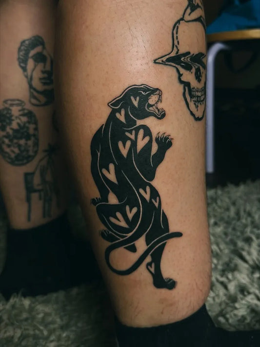 Medium Blackwork Panther and Skull Tattoo on Men Leg by @byyclouds