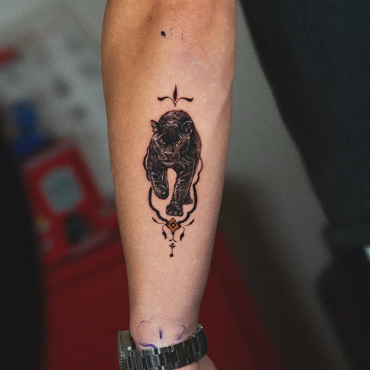 Medium Blackwork Panther with Ornate Frame Tattoo on Men Arm by @ferzankaanserdar