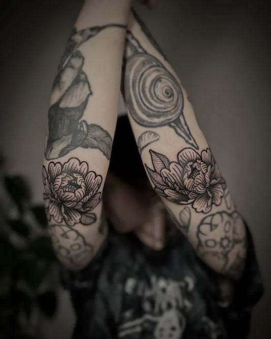 Medium Blackwork Peonies Tattoo on Women Elbow by @itsbridgeburner