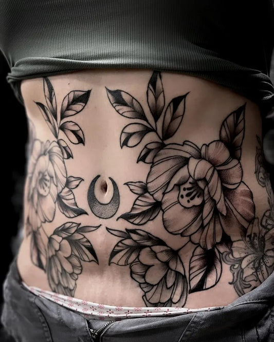 Medium Blackwork Peonies and Moon Tattoo on Women Stomach by @jlopeztattoos