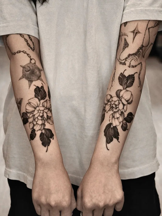 Medium Blackwork Peony Chain on Women Arm Tattoo by @illo_ttt
