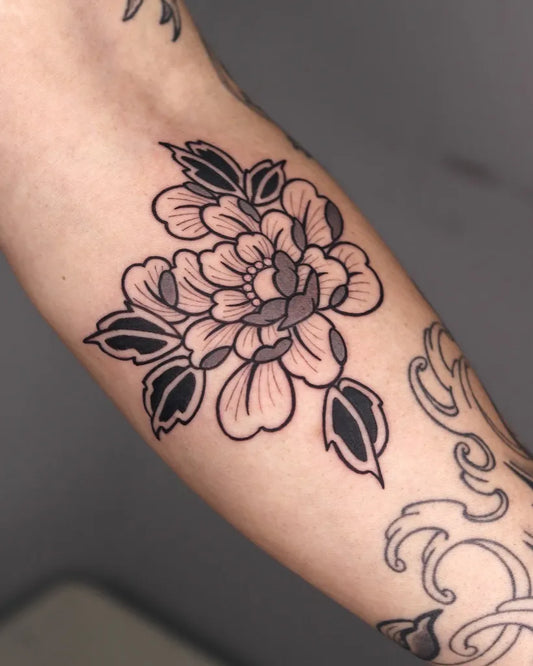 Medium Blackwork Peony Flower on Women Arm Tattoo by @hika_3t