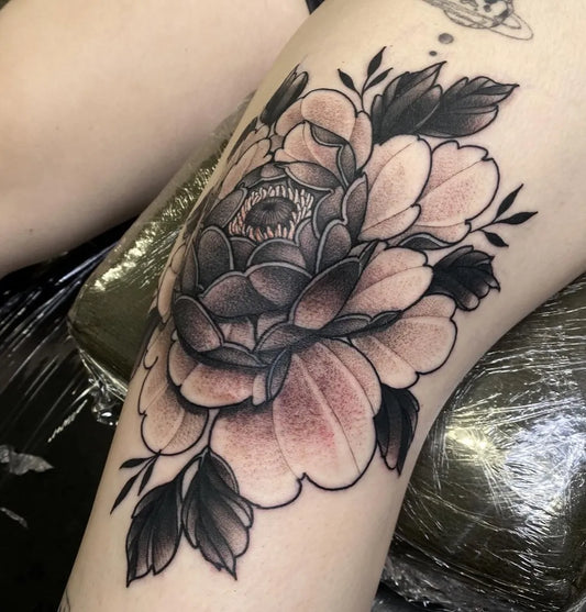 Medium Blackwork Peony Flower on Women Knee Tattoo by @mikeshawtattoos