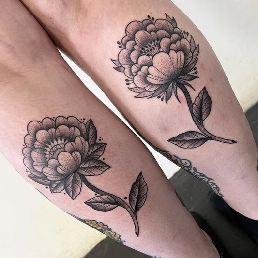 Medium Blackwork Peony Flowers Tattoo on Women Calf by @emm.dots