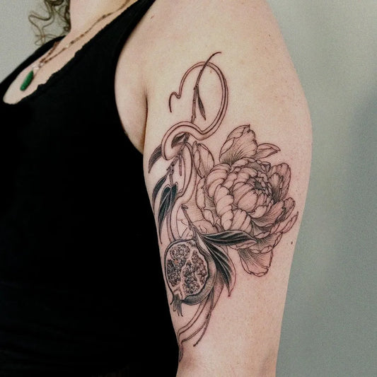 Medium Blackwork Peony Heron Pomegranate on Women Arm Tattoo by @diflooo
