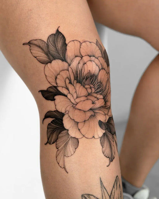 Medium Blackwork Peony Leaves on Women Thigh Tattoo by @dobby.house