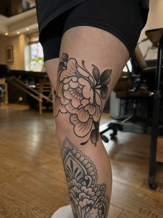 Medium Blackwork Peony Mandala on Women Thigh Tattoo by @pip.fox.tattoos