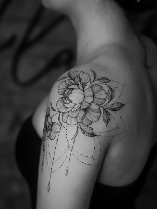 Medium Blackwork Peony and Drapes on Women Shoulder Tattoo by @marco.flashinglines