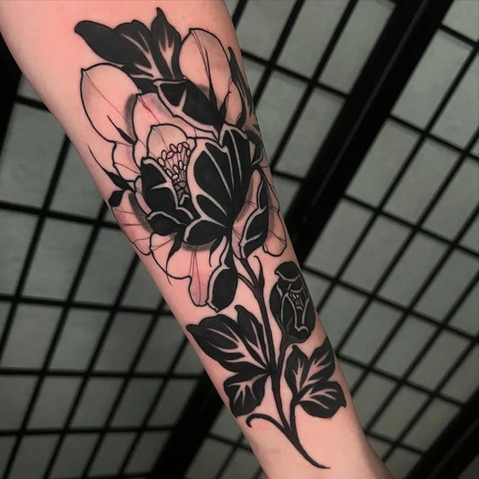 Medium Blackwork Peony and Leaves on Women Arm Tattoo by @rennietattoo