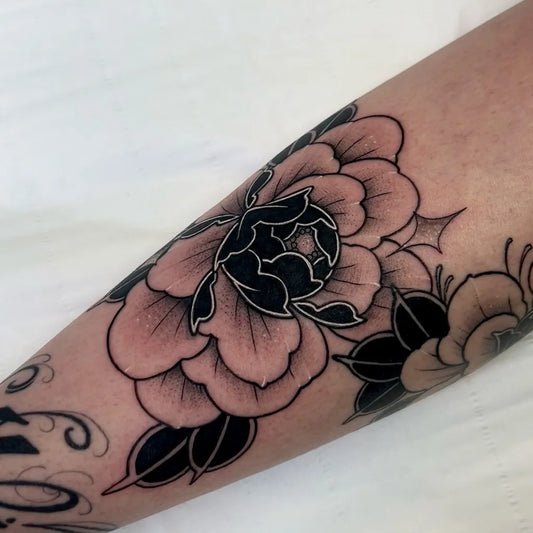 Medium Blackwork Peony and Leaves on Women Arm Tattoo by @sjlant