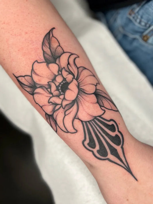 Medium Blackwork Peony on Women Arm Tattoo by @eternalgoddesstattoo