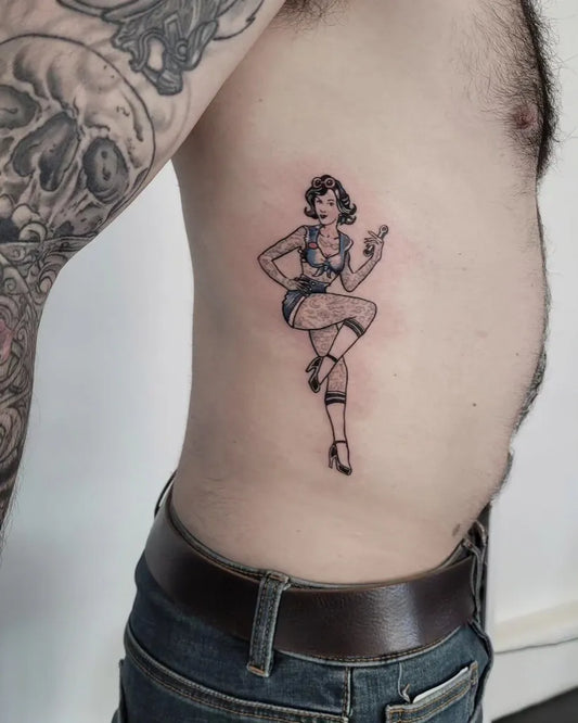 Medium Blackwork Pin Up Girl Tattoo on Men Torso by @yanick_tattoo