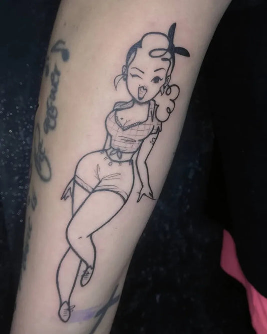 Medium Blackwork Pin Up Girl Tattoo on Women Arm by @mewink_artattoo