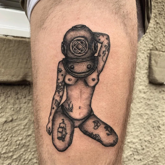 Medium Blackwork Pin Up Girl with Diving Helmet Tattoo on Women Thigh by @blade_artist879