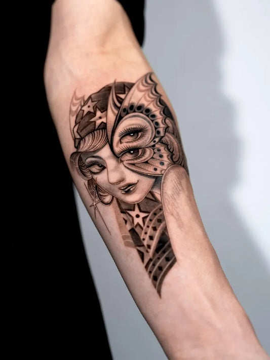 Medium Blackwork Pin Up Girl with Mask and Butterfly Tattoo on Women Arm by @gemil_grim