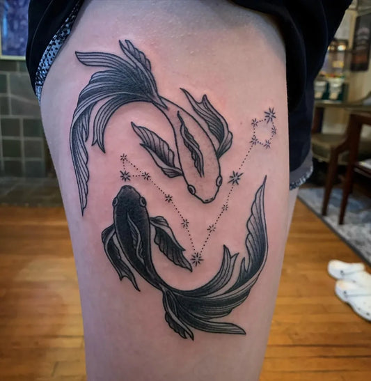 Medium Blackwork Pisces Koi Tattoo on Women Thigh by @drewbeavers