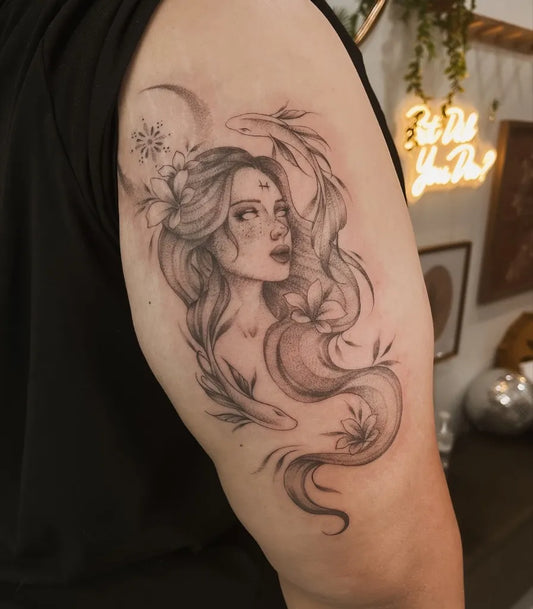 Medium Blackwork Pisces Woman Arm by @sunluvstudio