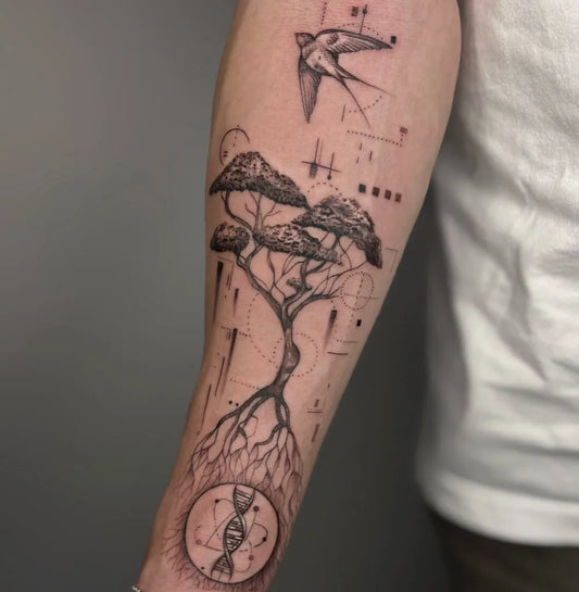 Medium Blackwork Poison Tree Bird DNA on Men Arm Tattoo by @kayley.tattoos