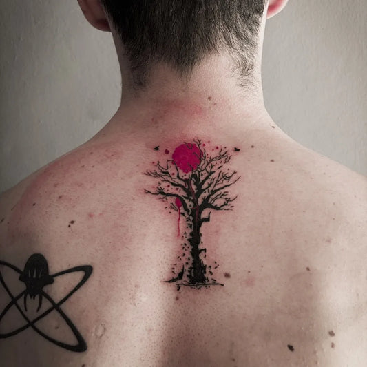 Medium Blackwork Poison Tree with Red Sun on Men Back Tattoo by @este.the