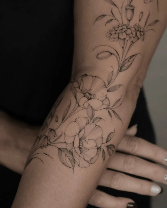Medium Blackwork Poppy Flowers Tattoo on Women Arm by @asya.tattoo