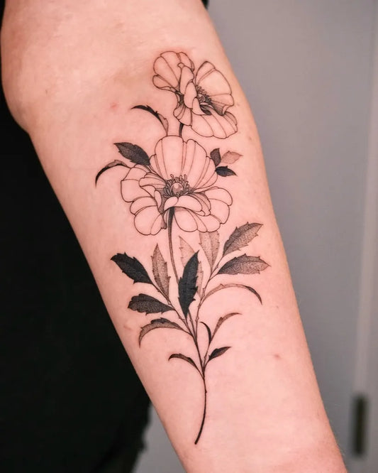 Medium Blackwork Poppy Flowers Tattoo on Women Arm by @kimbobby_ttt