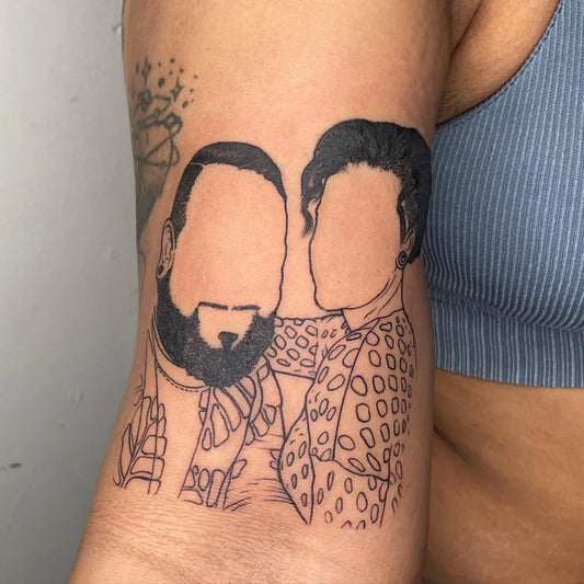 Medium Blackwork Portrait Tattoo on Women Bicep by @tapin222thefrequency