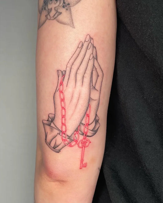 Medium Blackwork Praying Hands with Rosary and Key Tattoo on Women Arm by @_mariahwoodman_