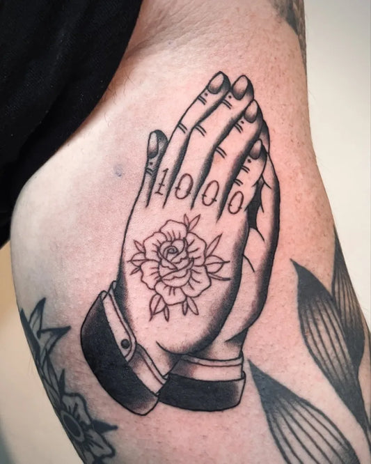 Medium Blackwork Praying Hands with Rose Tattoo on Men Arm by @melvinfl