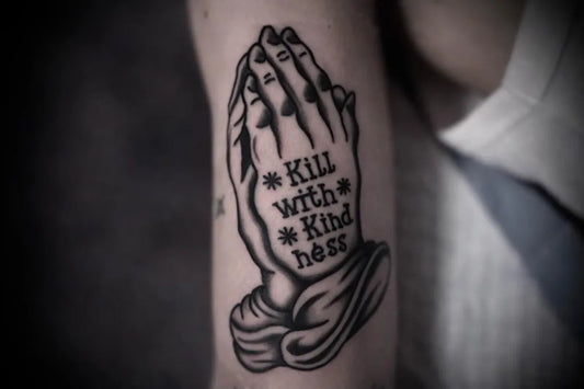 Medium Blackwork Praying Hands with Text Tattoo on Men Arm by @m_m_tattooer