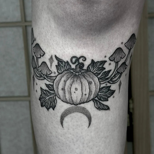 Medium Blackwork Pumpkin Mushrooms Tattoo on Women Thigh by @libbygracetattoo