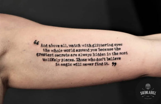 Medium Blackwork Quote Tattoo on Women Arm by @calafato_tattoo