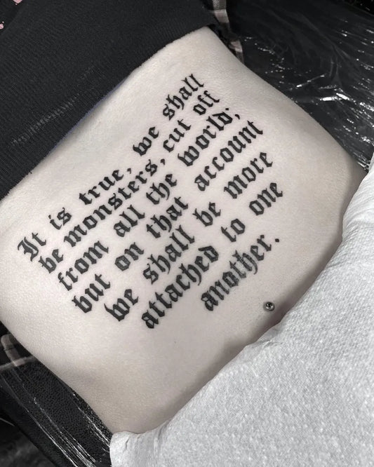 Medium Blackwork Quote Tattoo on Women Stomach by @antclaytattoo