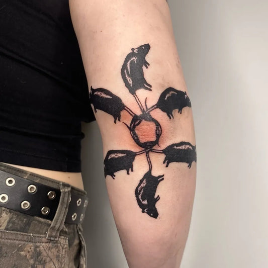 Medium Blackwork Rats Tattoo on Women Elbow by @darkfaetattoo