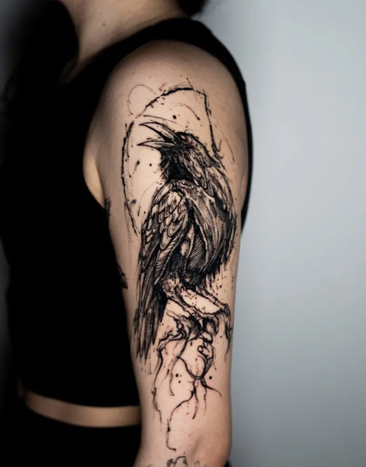 Medium Blackwork Raven with Branches on Women Arm Tattoo by @6str6nger6