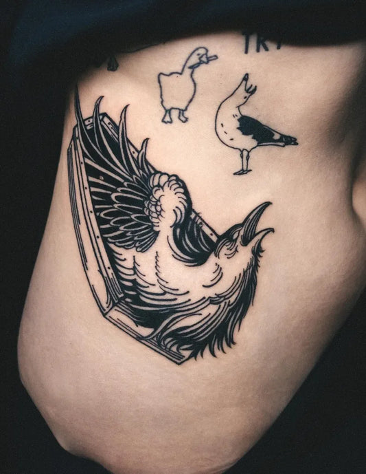 Medium Blackwork Raven with Ducks and Seagull on Women Arm Tattoo by @myrkur_tattoo