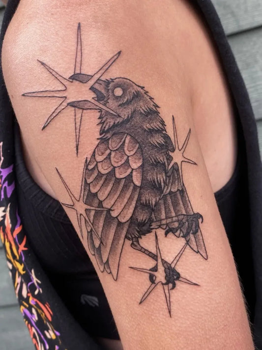 Medium Blackwork Raven with Stars on Women Shoulder Tattoo by @lemonboyinks
