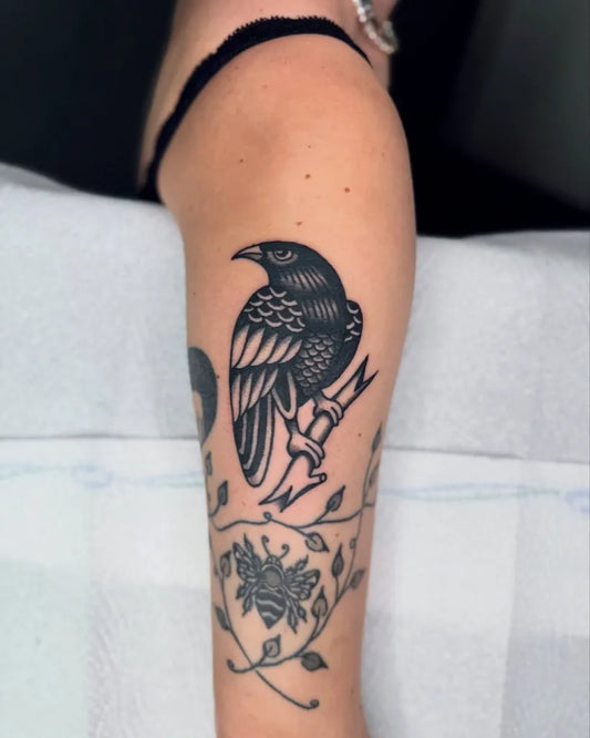 Medium Blackwork Raven with Vines and Rose on Women Arm Tattoo by @skulldog_tattz