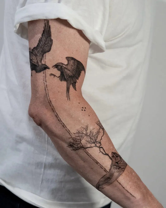 Medium Blackwork Ravens and Tree Tattoo on Men Arm by @midday_p