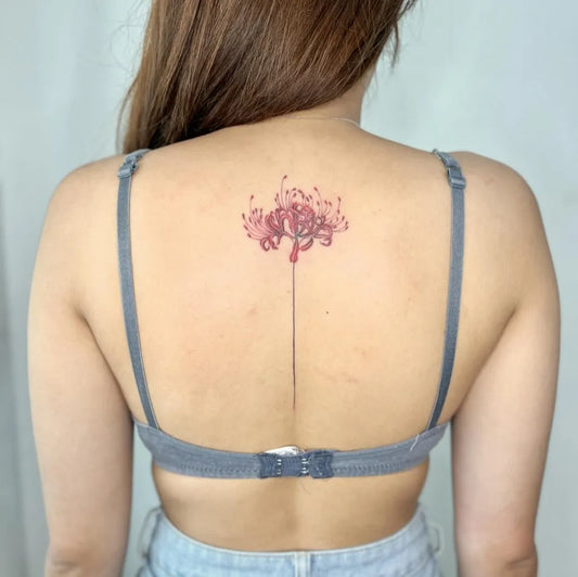 Medium Blackwork Red Spider Lily Tattoo on Women Back by @ihavenoname_tattoostudio