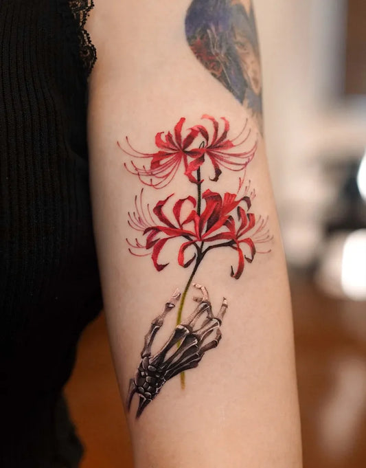 Medium Blackwork Red Spider Lily and Skeleton Hand Tattoo on Women Arm by @myungdo___