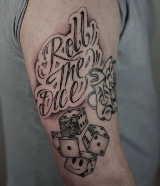 Medium Blackwork Roll the Dice and Dice Tattoo on Men Arm by @jobzy_tattoos