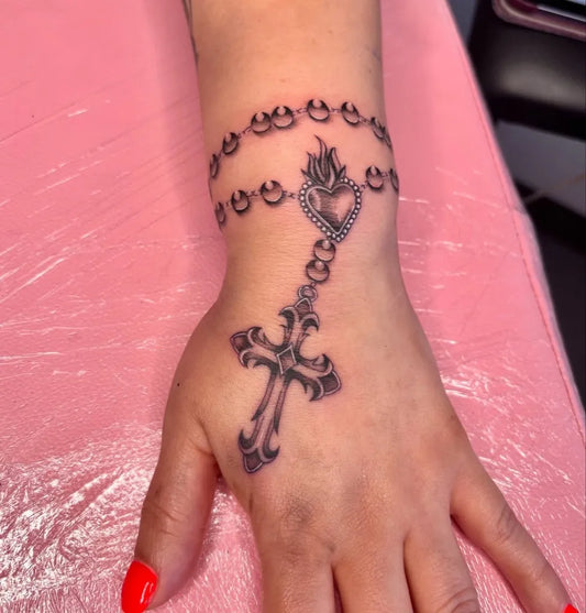 Medium Blackwork Rosary Cross Heart on Women Wrist Tattoo by @adailaadores