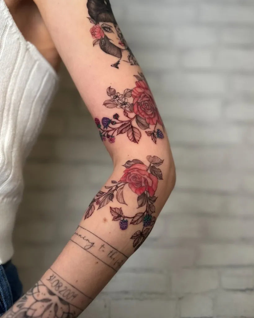 Medium Blackwork Rose Vine Tattoo on Women Arm by @blackhatnice