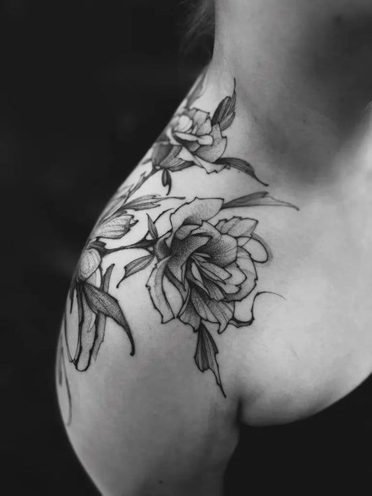 Medium Blackwork Rose and Leaves Tattoo on Women Shoulder by @8jinx9